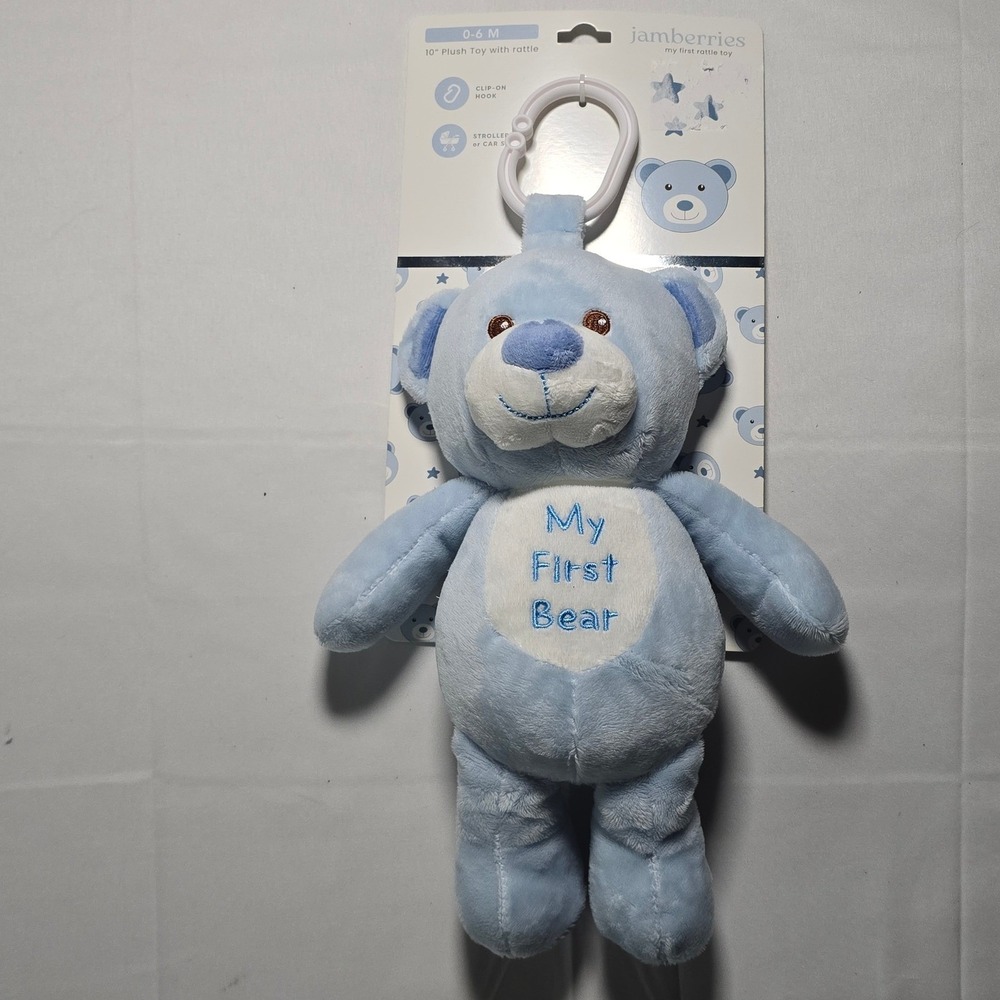 Jamberrie My First Bear Blue Plush Rattle Toy Stroller Car Seat Clip 10 Inch Nwt